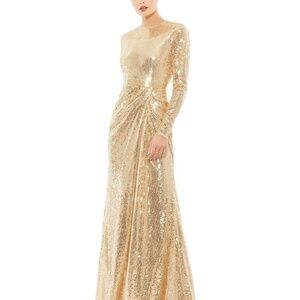 NWOT Mac Duggal 10824 Sequined High Neck Long Sleeve Draped Gown in Gold Size 14